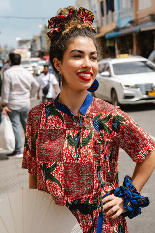 Tine Cheongsam Top - Red White & Green Onyame Sɛn Print