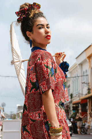 Tine Cheongsam Top - Red White & Green Onyame Sɛn Print