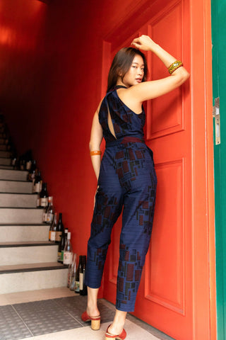 Tuki Keyhole Jumpsuit - Navy Blue African Ankara Wax Cotton Print