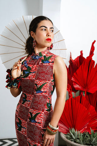 Vega Cheongsam Dress - Red White & Green Onyame Sɛn Print