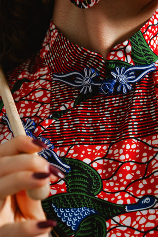 Vega Cheongsam Dress - Red White & Green Onyame Sɛn Print