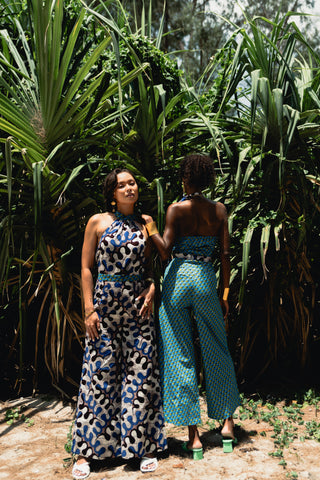 Amaka Halter Neck Jumpsuit - Azure Guineafowl African Ankara Wax Cotton Print