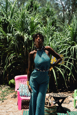 Amaka Halter Neck Jumpsuit - Azure Guineafowl African Ankara Wax Cotton Print