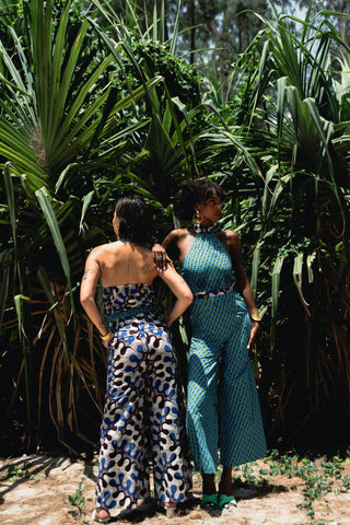 Amaka Halter Neck Jumpsuit - White, Black & Blue Awoluba African Ankara Wax Cotton Print