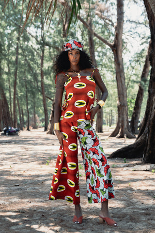 Chidera Wide-leg Pants - Red & Green Speed Bird & Rolls Royce Ankara Print