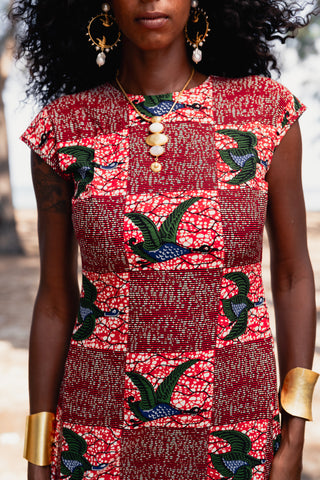 Dela Open back Mini Dress - Red White & Green Onyame Sɛn Print