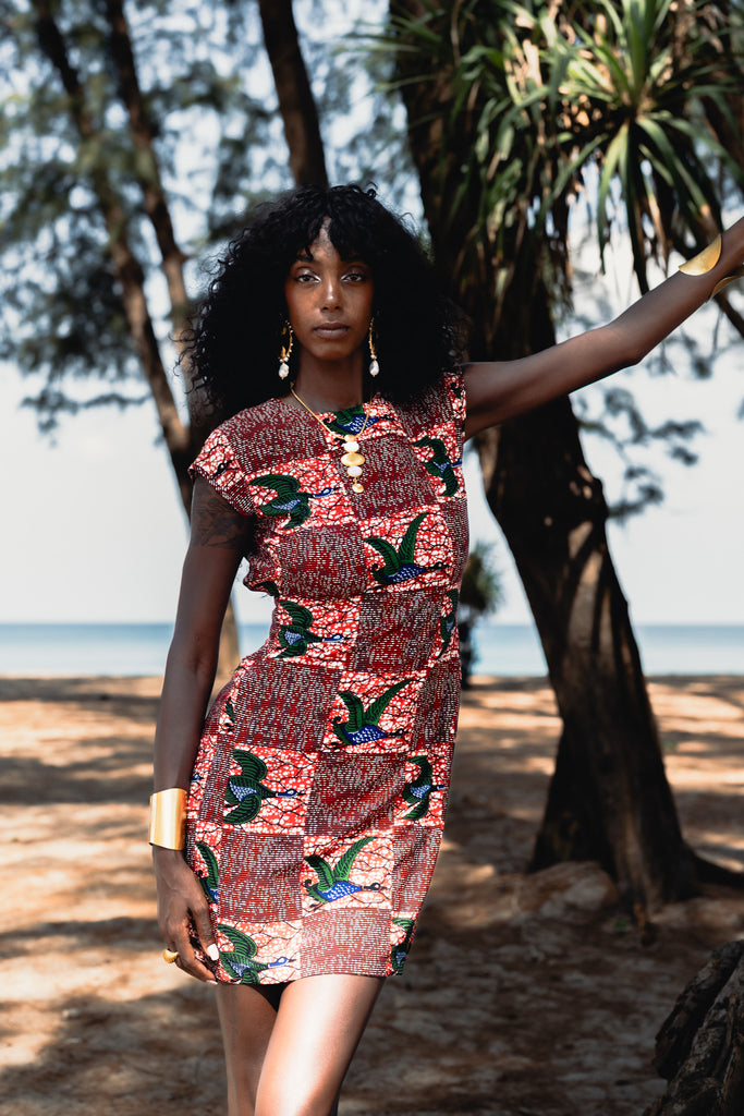 Dela Open back Mini Dress - Red White & Green Onyame Sɛn Print