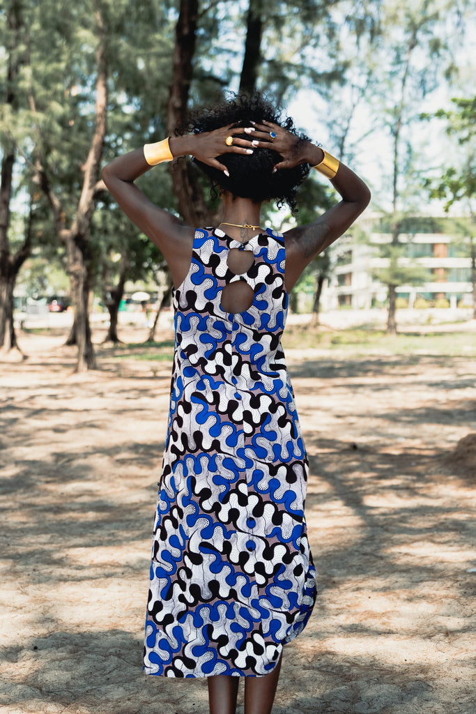 Esosa Maxi Dress - White Blue and Black Awoluba African Ankara Wax Cotton Print