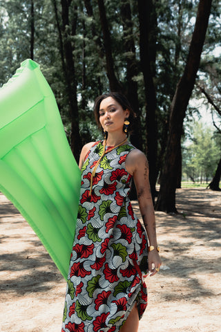 Esosa Maxi Dress - Red and Green Rolls Royce African Ankara Wax Cotton Print