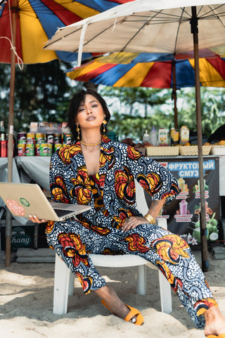 Jenni Retro Blazer Kimono - Blue Yellow &Orange Odo Ayo Print