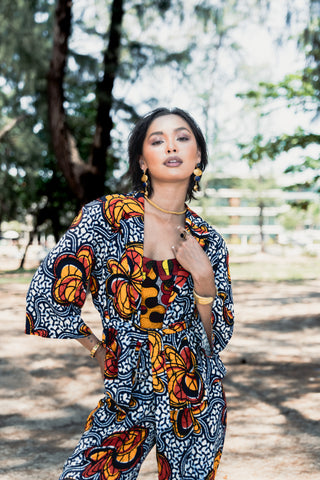 Jenni Retro Blazer Kimono - Blue Yellow &Orange Odo Ayo Print