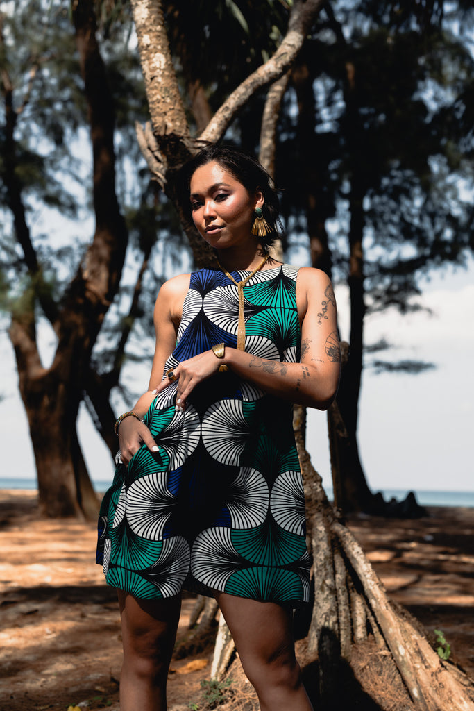 Remba A-Line Retro Dress – Blue, White & Green Ewa Naibu Print