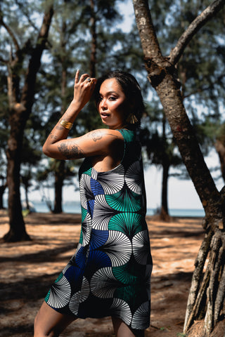 Remba A-Line Retro Dress – Blue, White & Green Ewa Naibu Print