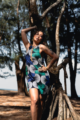 Remba A-Line Retro Dress – Blue, White & Green Ewa Naibu Print
