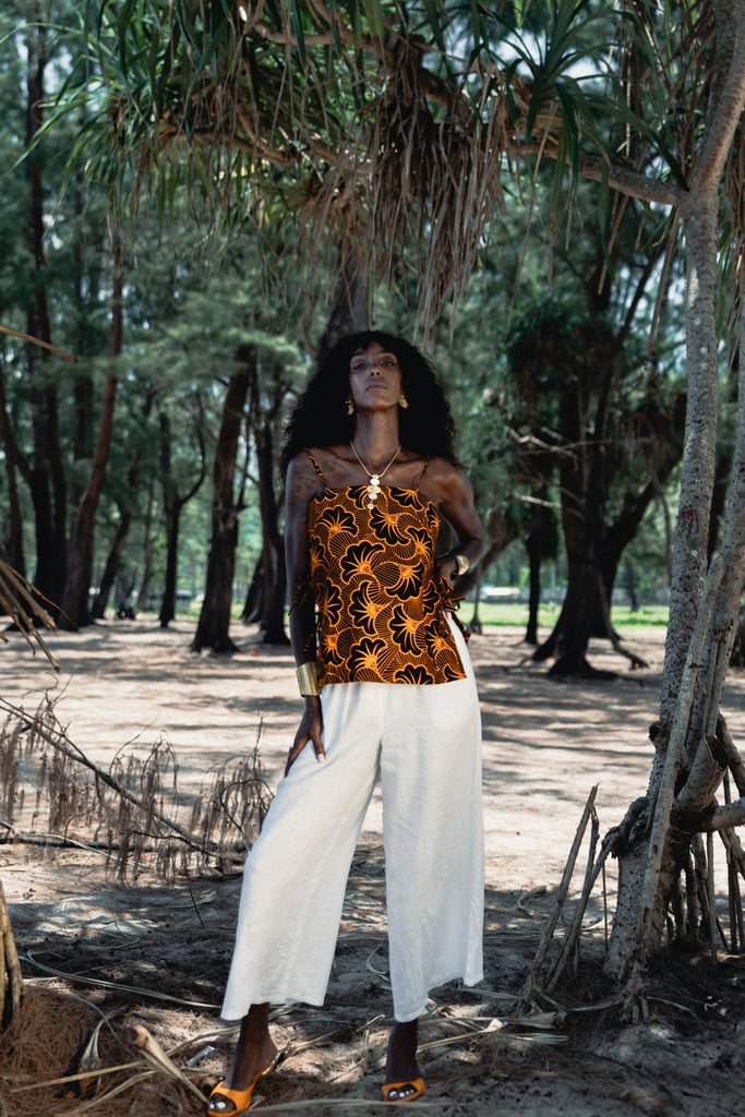 Tyra Tie-Side Top – Black & Orange Rolls Royce Ankara Print