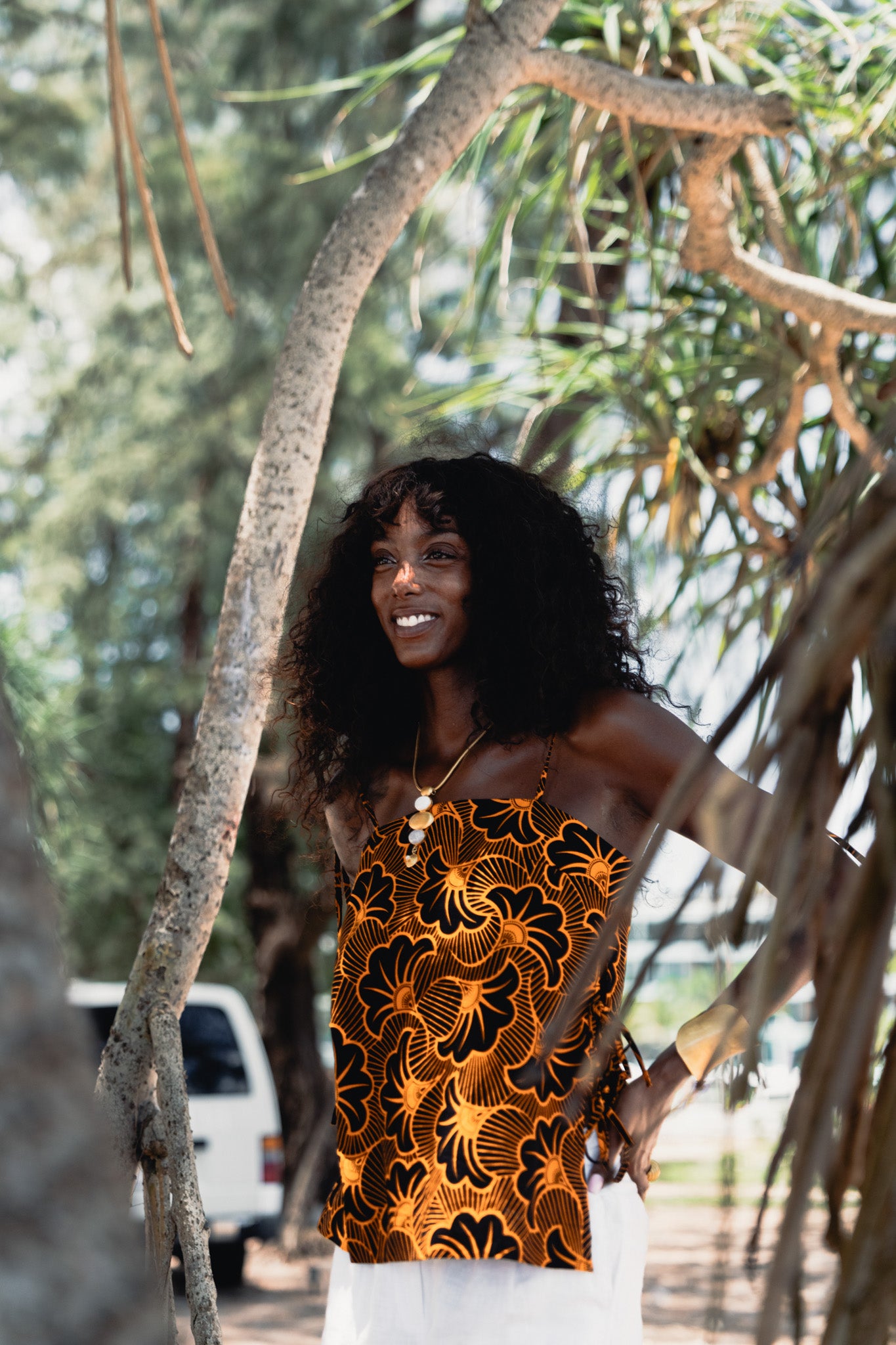 Tyra Tie-Side Top – Black & Orange Rolls Royce Ankara Print