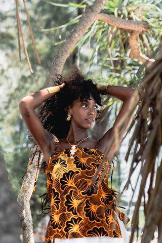 Tyra Tie-Side Top – Black & Orange Rolls Royce Ankara Print