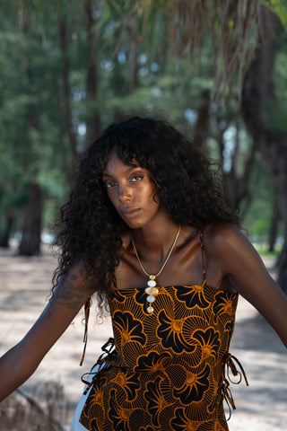 Tyra Tie-Side Top – Black & Orange Rolls Royce Ankara Print