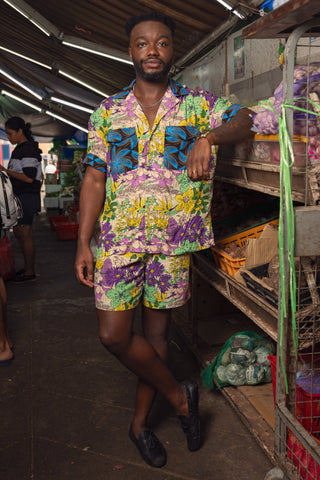 Yinka Shirt with Contrasting Collar and Pockets - Mix Match Pink Yellow Blue Black Garden Mosaic Print | ILC OA OG