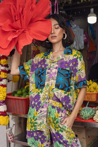 Yinka Shirt with Contrasting Collar and Pockets - Mix Match Pink Yellow Blue Black Garden Mosaic Print | ILC OA OG