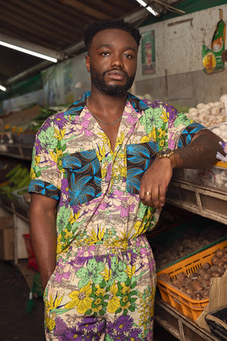 Yinka Shirt with Contrasting Collar and Pockets - Mix Match Pink Yellow Blue Black Garden Mosaic Print | ILC OA OG