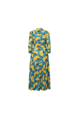 Yumna Dress with Puff Sleeves and High Neckline - Yellow Cyan Sunkissed Maized Print | ILC OA OG