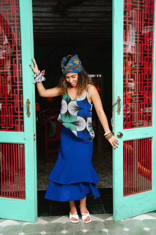 Zackia Spaghetti Top - Blue White & Green Ewa Naibu Print