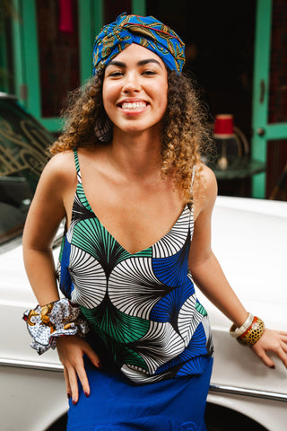 Zackia Spaghetti Top - Blue White & Green Ewa Naibu Print