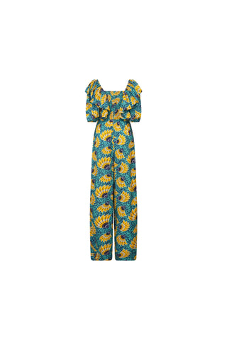 Zalika Puff Ruffle Sleeves Jumpsuit - Yellow Cyan Sunkissed Maized Print | ILC OA OG