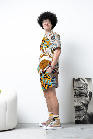 Zika Loose fit Bowling Collar Unisex Shirt - Mix Match Awoluba/Grotto Cyan Yellow and White African Ankara Wax Cotton Print