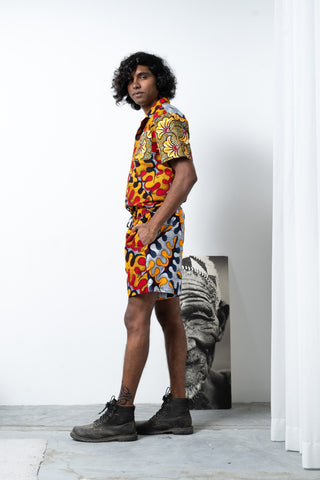 Zika Loose fit Bowling Collar Unisex Shirt - Mix Match Awoluba/Rolls Royce Red Yellow and Black African Ankara Wax Cotton Print