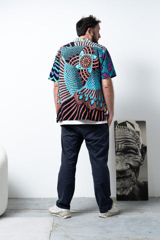 Zika Loose fit Bowling Collar Unisex Shirt - Mix Match Blue Yellow Purple and Green African Ankara Wax Cotton Print