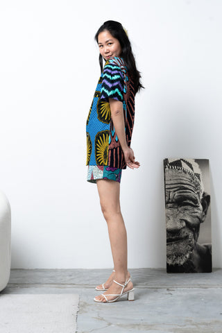 Zika Loose fit Bowling Collar Unisex Shirt - Mix Match Blue Yellow Purple and Green African Ankara Wax Cotton Print