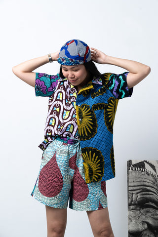 Zika Loose fit Bowling Collar Unisex Shirt - Mix Match Blue Yellow Purple and Green African Ankara Wax Cotton Print