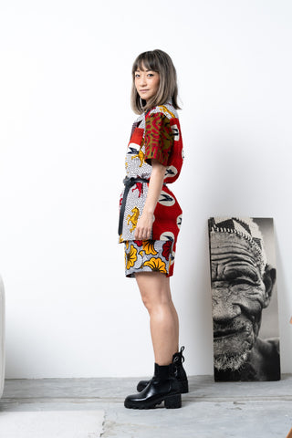 Zika Loose fit Bowling Collar Unisex Shirt - Mix Match Horses/Speedbird Red White and Yellow African Ankara Wax Cotton Print