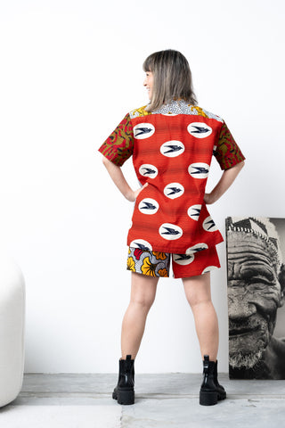 Zika Loose fit Bowling Collar Unisex Shirt - Mix Match Horses/Speedbird Red White and Yellow African Ankara Wax Cotton Print