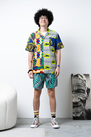 Zika Loose fit Bowling Collar Unisex Shirt - Mix Match Kente/Speedbird Green Red and Yellow African Ankara Wax Cotton Print
