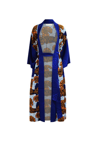 Zola Long Afromono Kimono - White and Blue House of Snails Print