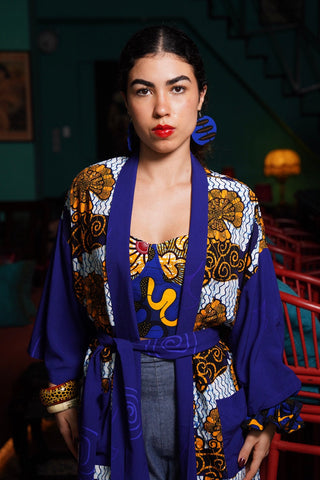 Zola Long Afromono Kimono - White and Blue House of Snails Print