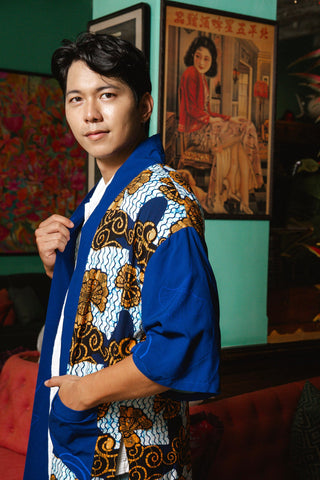 Zola Long Afromono Kimono - White and Blue House of Snails Print